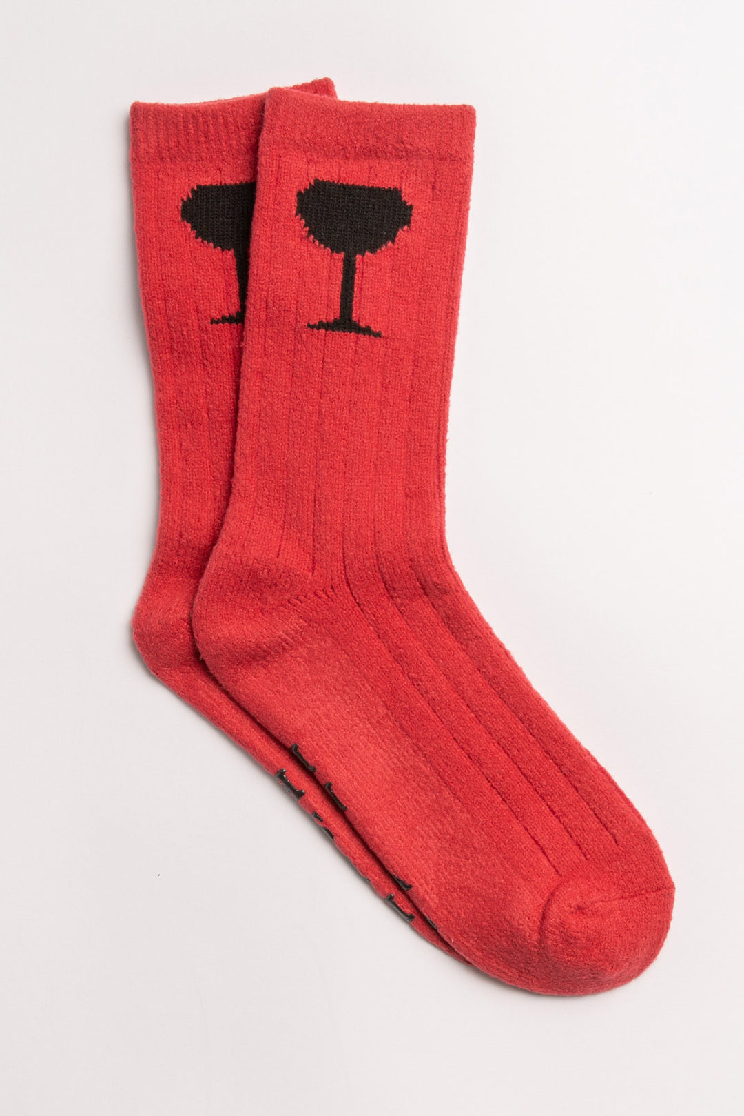 Red ribbed socks with wine glasses on ankle & 'rise & wine " printed gripper graphic on soles. (7231871778916)