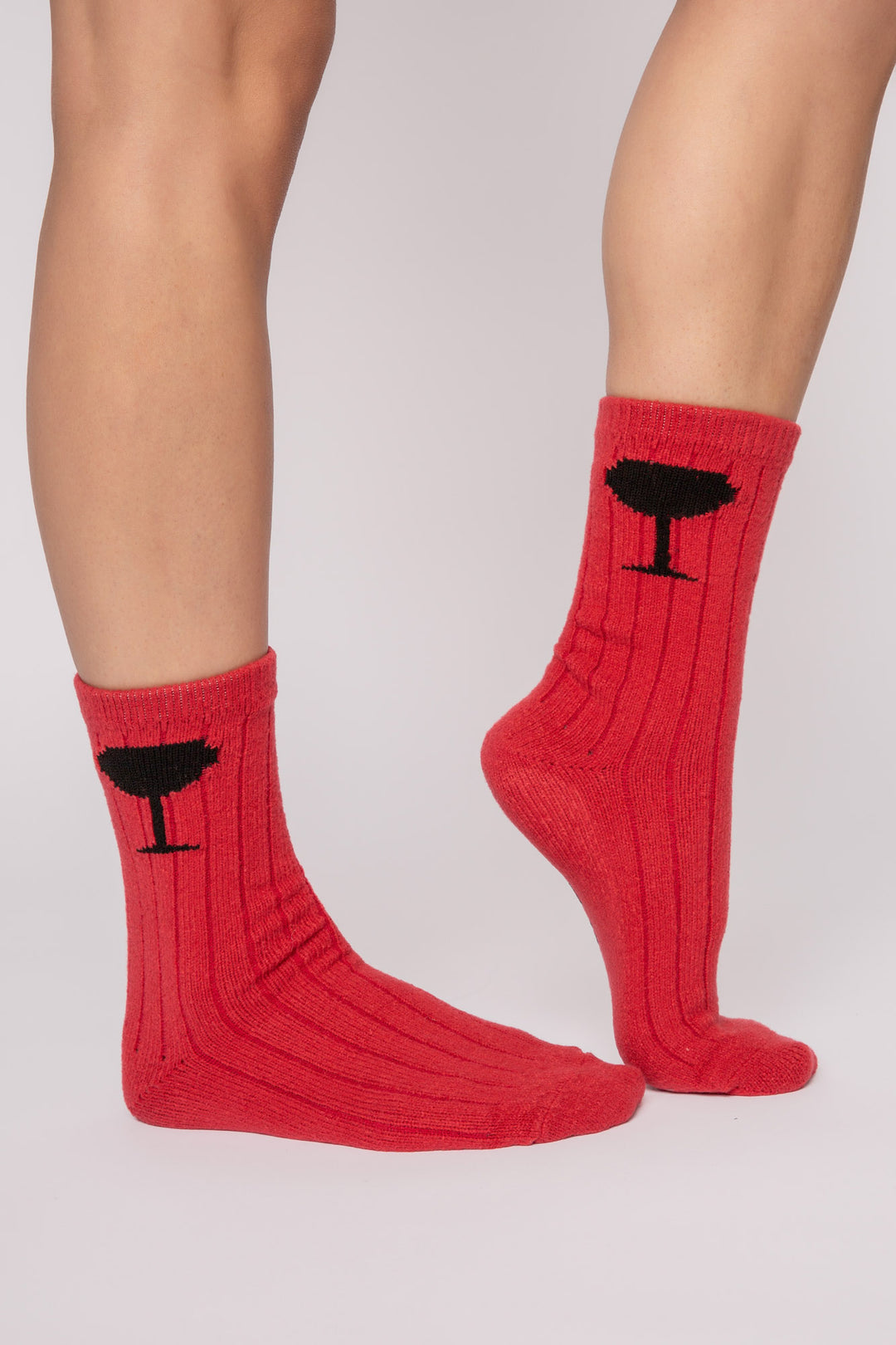 Red ribbed socks with wine glasses on ankle & 'rise & wine " printed gripper graphic on soles. (7231871778916)