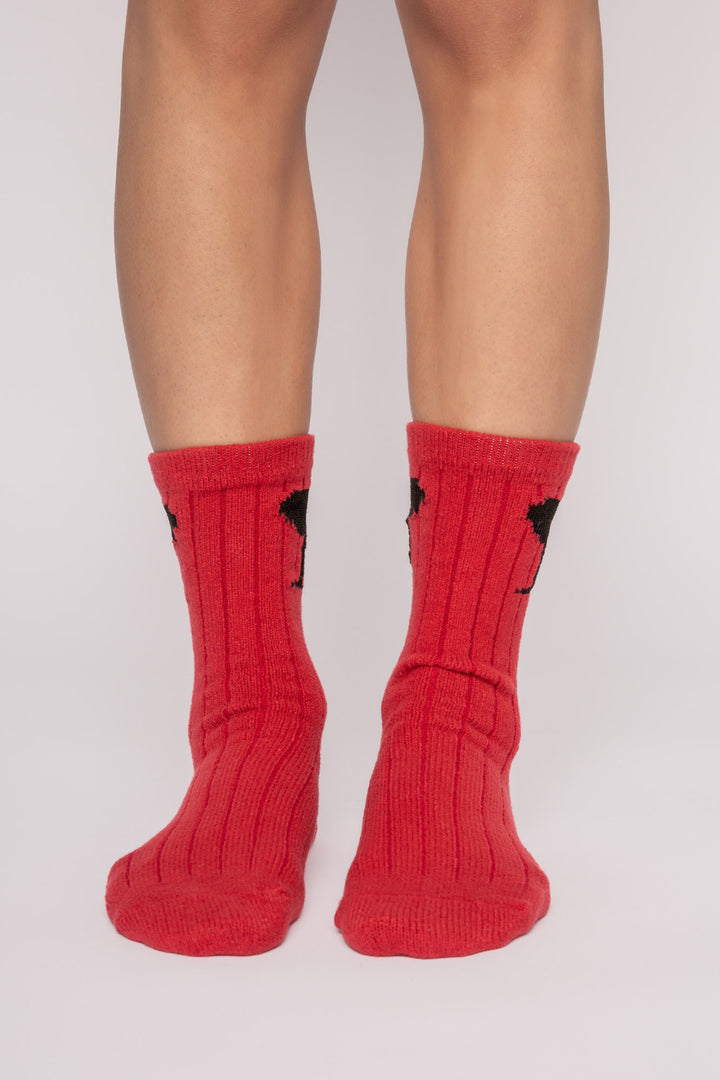 Red ribbed socks with wine glasses on ankle & 'rise & wine " printed gripper graphic on soles. (7231871778916)