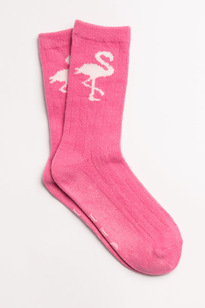 Hot pink ribbed socks with flamingos on ankle & 'Flock off" printed gripper graphic on soles. (7231871615076)
