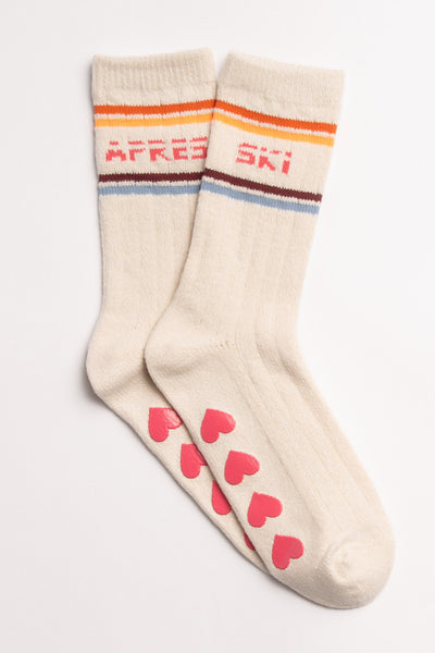 Soft ivory ribbed socks with multi-stripes & 'Après Ski' graphic. Heart-printed grippers on soles. (7231871746148)