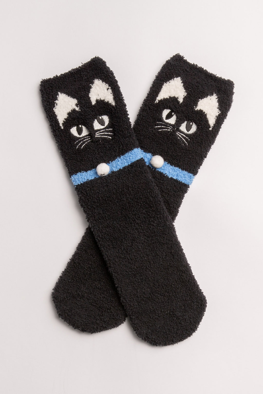Charcoal cozy plush socks with knitted kitty eyes & ears. Clear-printed grippers on soles. (7231871877220)