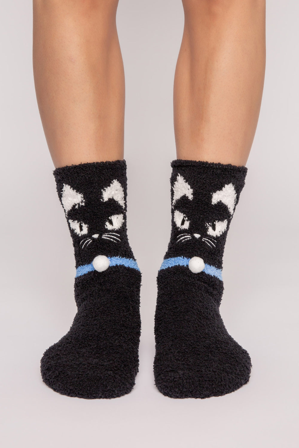 Charcoal cozy plush socks with knitted kitty eyes & ears. Clear-printed grippers on soles. (7231871877220)