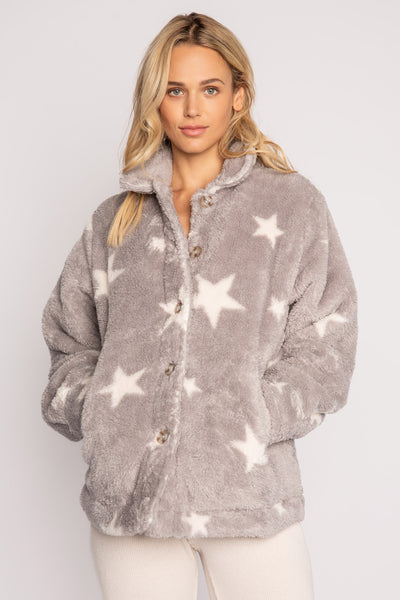 Printed cozy plush shacket in grey-white star print. Button-front with lower welt pockets. (7231872204900)