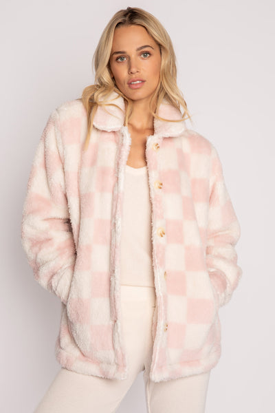 Printed cozy plush shacket in white-pink checkerboard print. Button-front with lower welt pockets. (7231872270436)