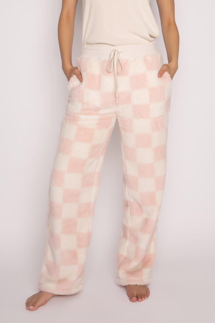 Printed cozy plush cozy pant in white-pink checkerboard print. Ribbed waistband with tie. (7231872499812)