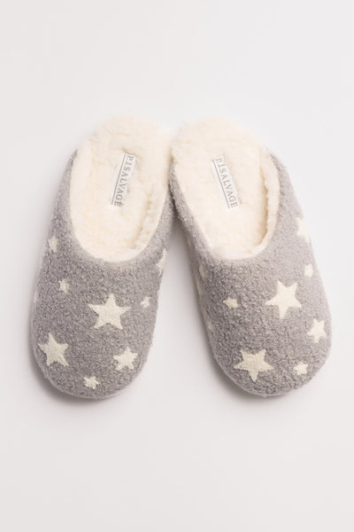 Printed cozy plush slipper in grey-white star print. Cozy footbed lining & rubber sole. (7231872827492)