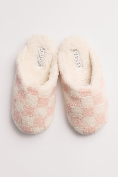 Printed cozy plush slipper in white-pink checkerboard print. Cozy footbed lining & rubber sole. (7231872860260)