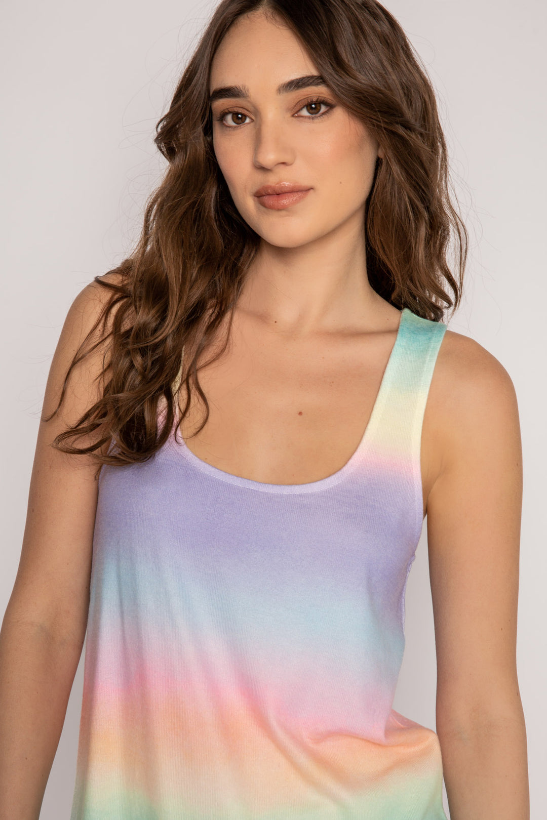 Scoop neck sleep tank in ombre' multi fruit-colored gradient. Peachy jersey with racer back & relaxed fit. (7196189556836)
