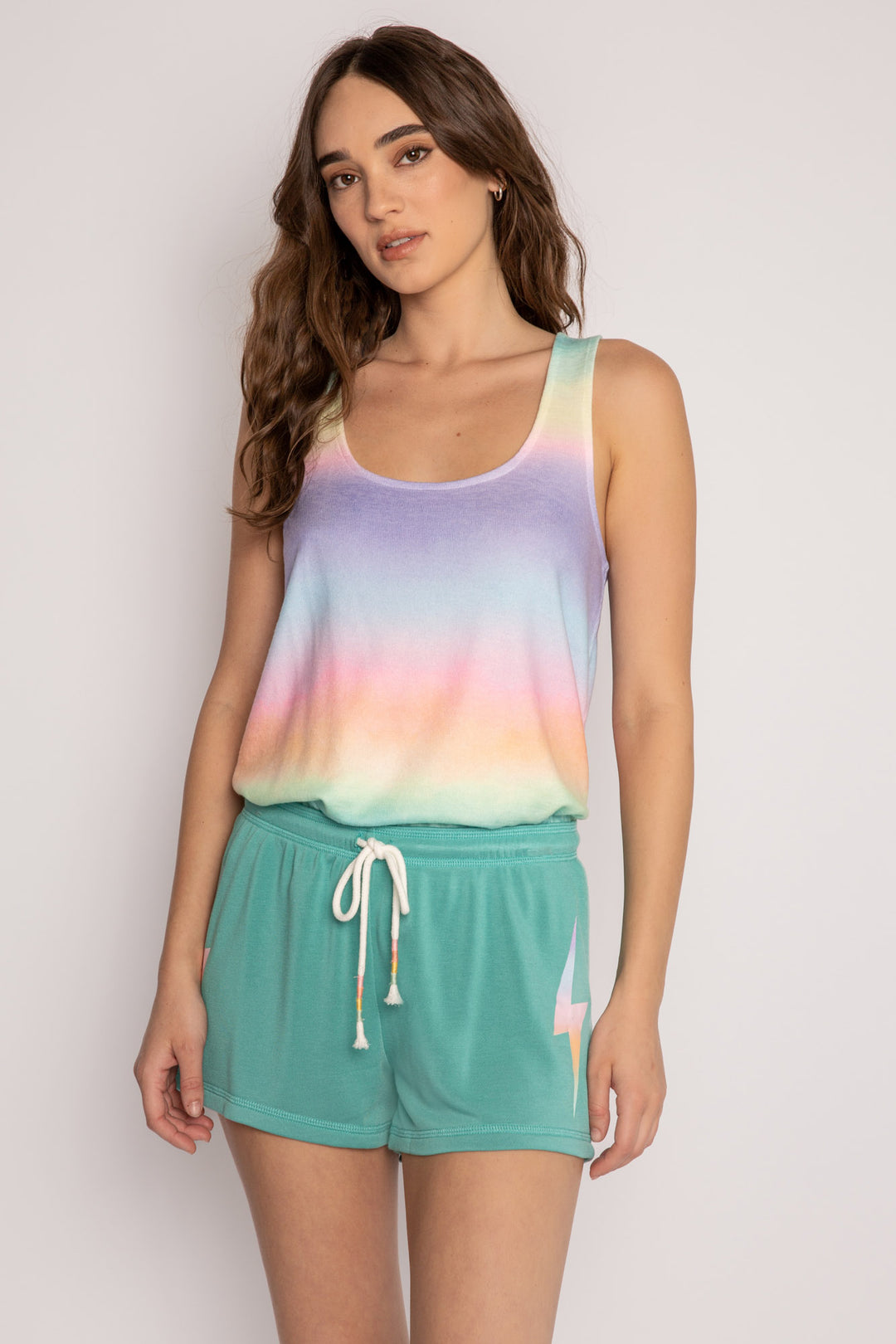 Scoop neck sleep tank in ombre' multi fruit-colored gradient. Peachy jersey with racer back & relaxed fit. (7196189556836)