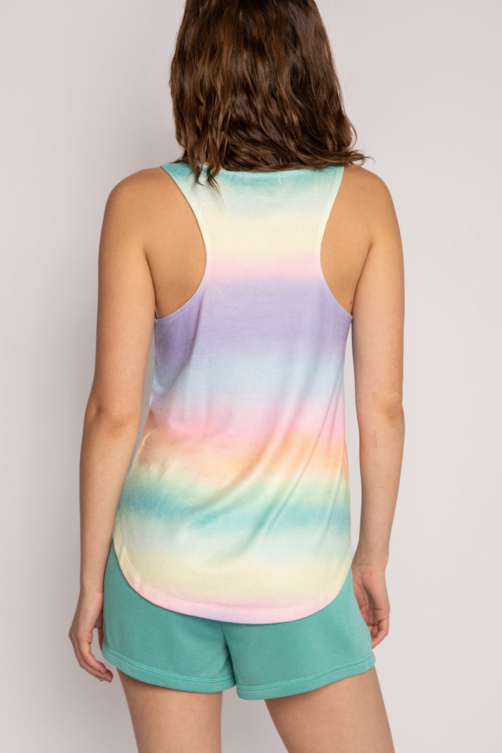 Scoop neck sleep tank in ombre' multi fruit-colored gradient. Peachy jersey with racer back & relaxed fit. (7196189556836)