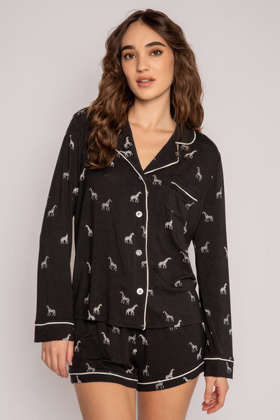 Giraffe-print pajama set in black-white pattern in modal jersey. (7196227141732)