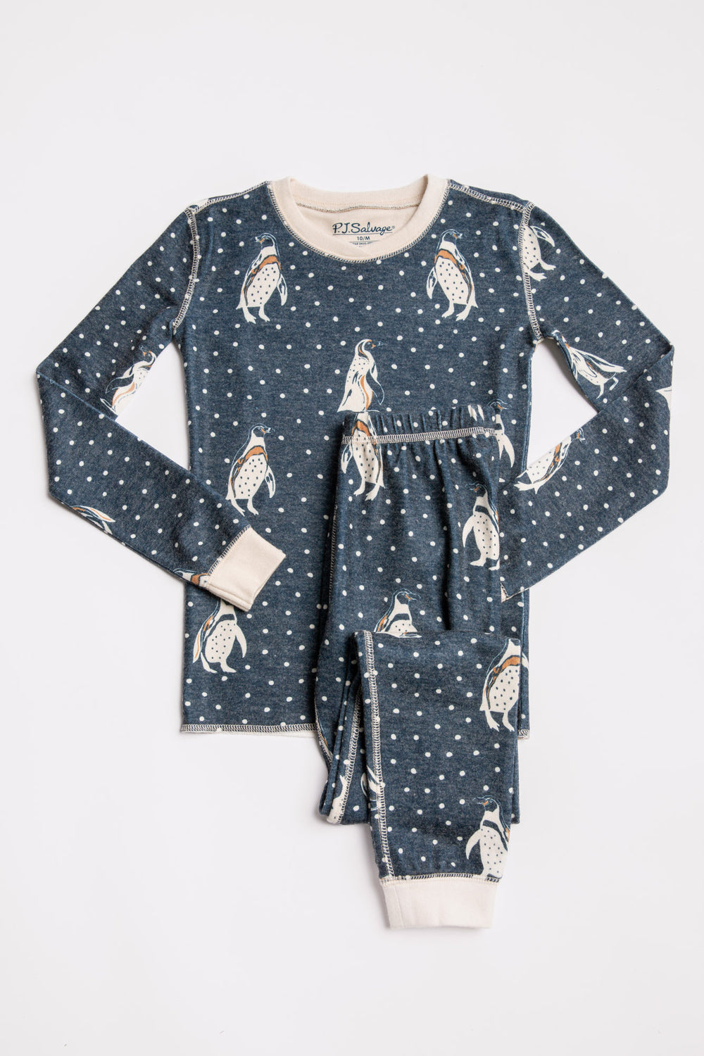 Navy kids' jammie set top & pant with gender-neutral penguin print. (7231873548388)