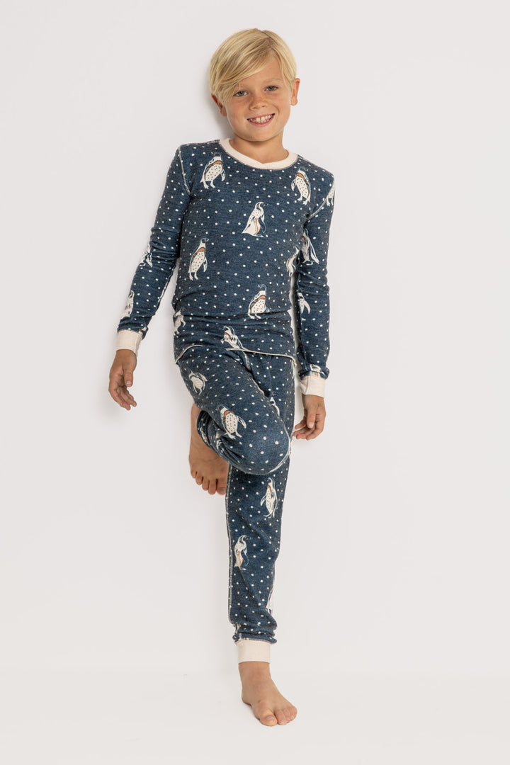 Navy kids' jammie set top & pant with gender-neutral penguin print. (7231873548388)