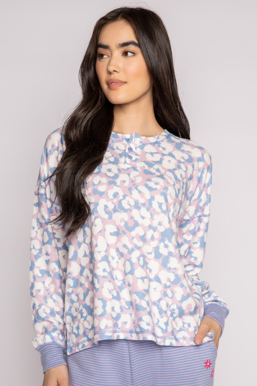 Brushed knit Henley pajama top in ivory-blue-lilac leopard print. Mini striped sleeve cuffs. (7231874957412)