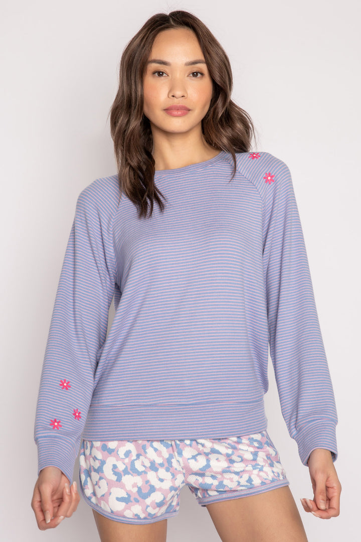 Mini thermal long sleeve jammie top in blue-lilac pinstripe. Embroidery at colllar in pink. (7231875121252)