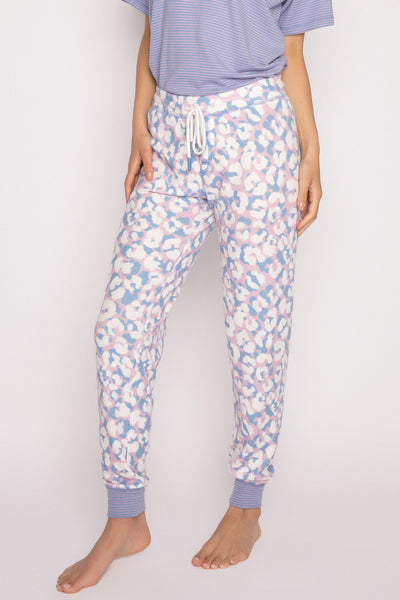 Brushed knit jammie pant in ivory-blue-lilac leopard print. Striped banded cuffs. (7231875317860)