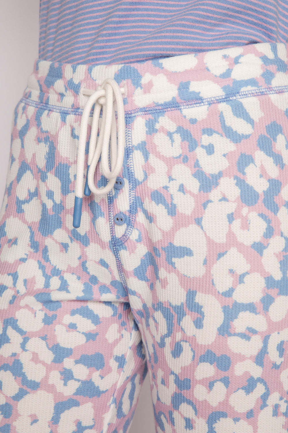 Brushed knit jammie pant in ivory-blue-lilac leopard print. Striped banded cuffs. (7231875317860)