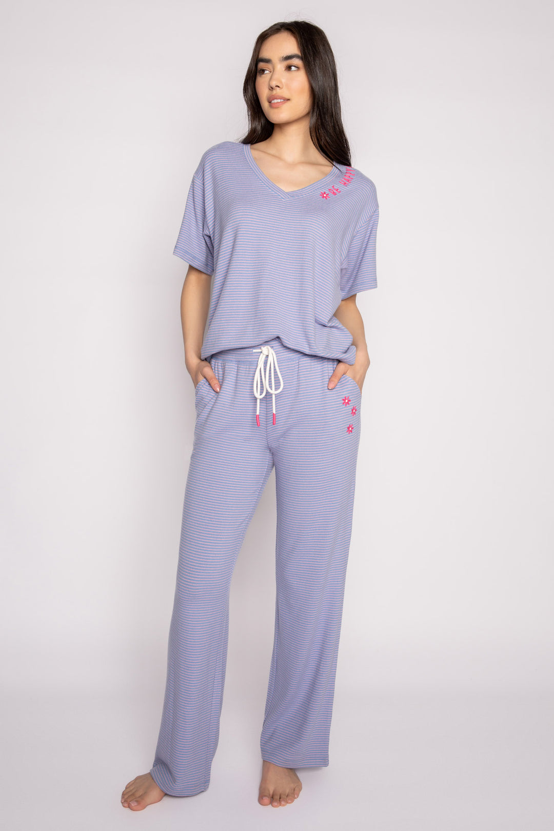 Mini thermal pajama set in blue-lilac pinstripe. Pant with side pockets & V-neck tee with pink embroidery details on both. (7231875448932)