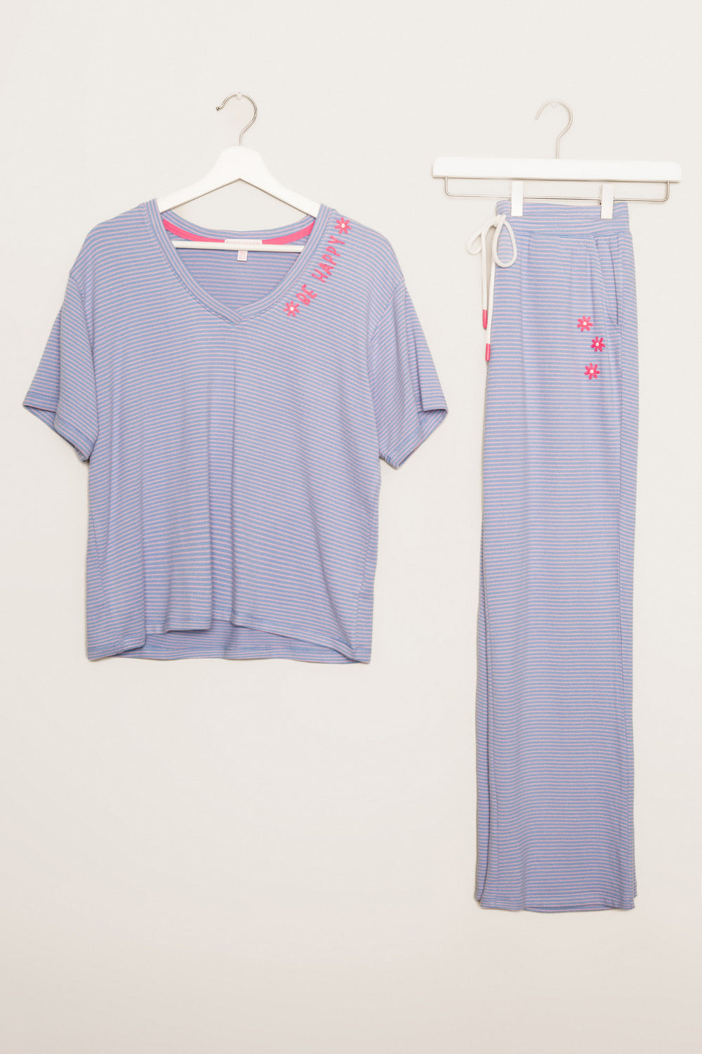 Mini thermal pajama set in blue-lilac pinstripe. Pant with side pockets & V-neck tee with pink embroidery details on both. (7231875448932)