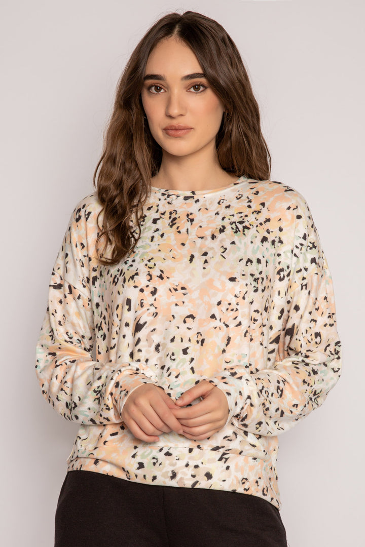 Long sleeve top in coral-ivory-black leopard print. Butter jersey knit pj top with banded hem. (7196190146660)