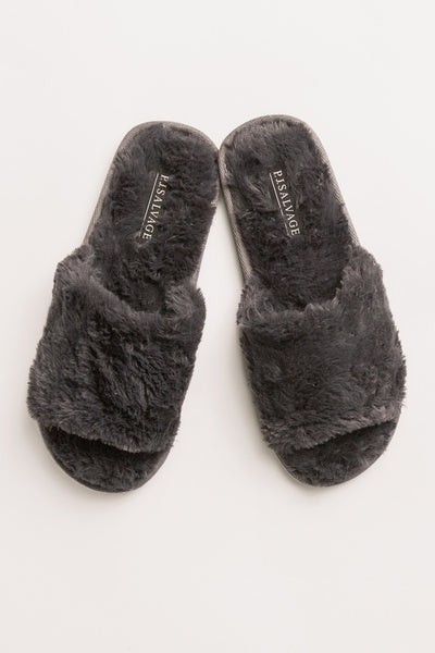 Faux fur slipper in charcoal. Open toe & molded outsole. (7231876563044)