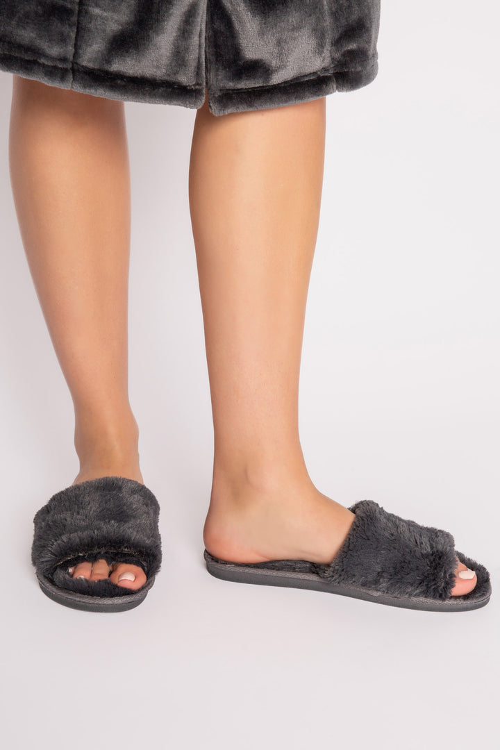 Faux fur slipper in charcoal. Open toe & molded outsole. (7231876563044)