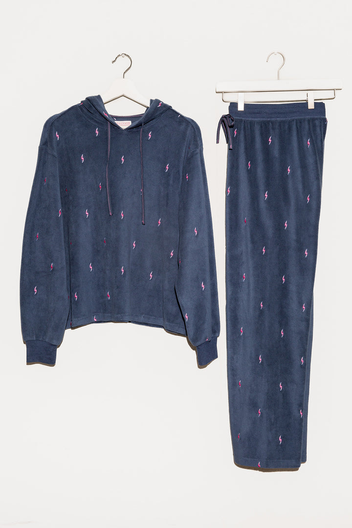 Dark blue lounge set hoody & open pant with pockets, mini lightning bolt embroideries on velour. (7257145081956)
