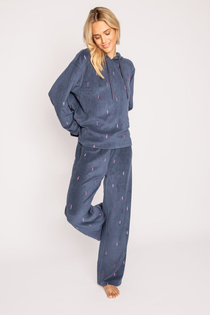 Dark blue lounge set hoody & open pant with pockets, mini lightning bolt embroideries on velour. (7257145081956)