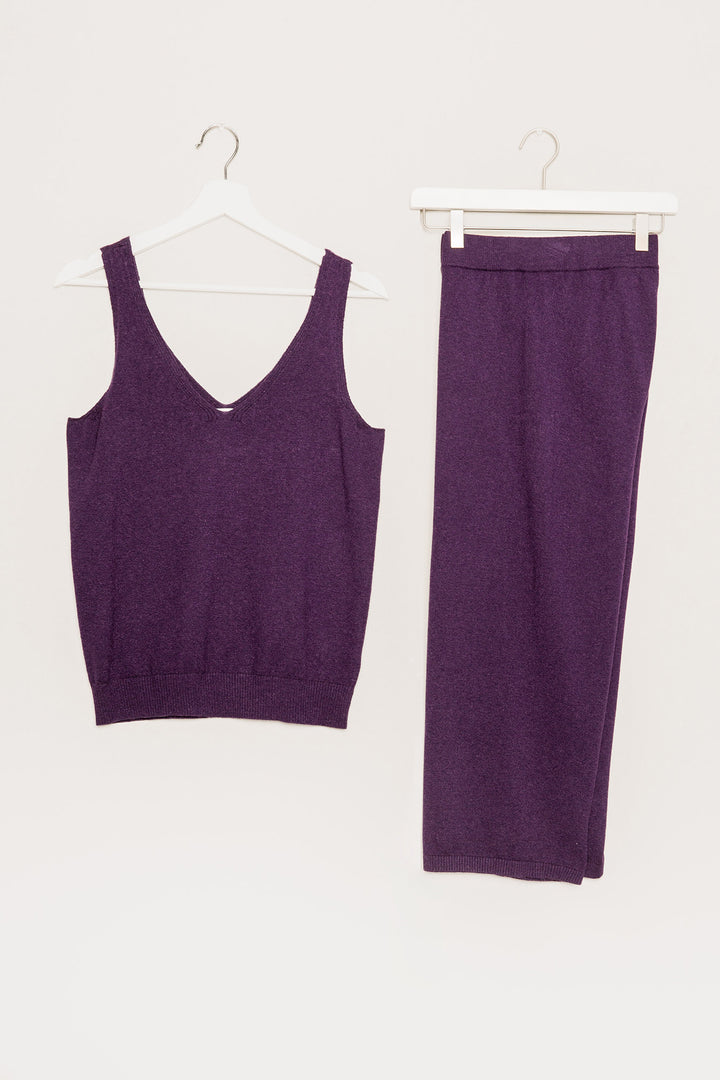 Deep plum lounge set V-neck top & cropped sweater knit pant. (7193973260388)
