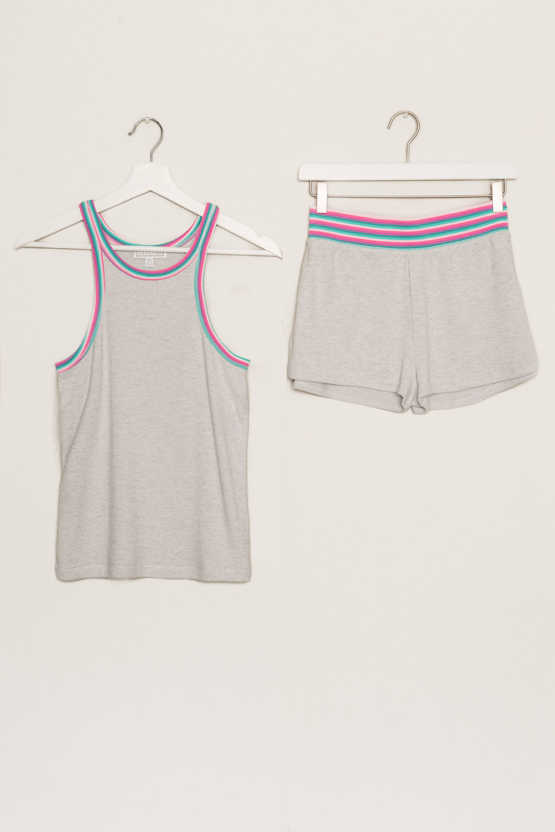 Sleep set tank top & short in grey peachy, with aqua-pink striped straps & waist. (7193973227620)