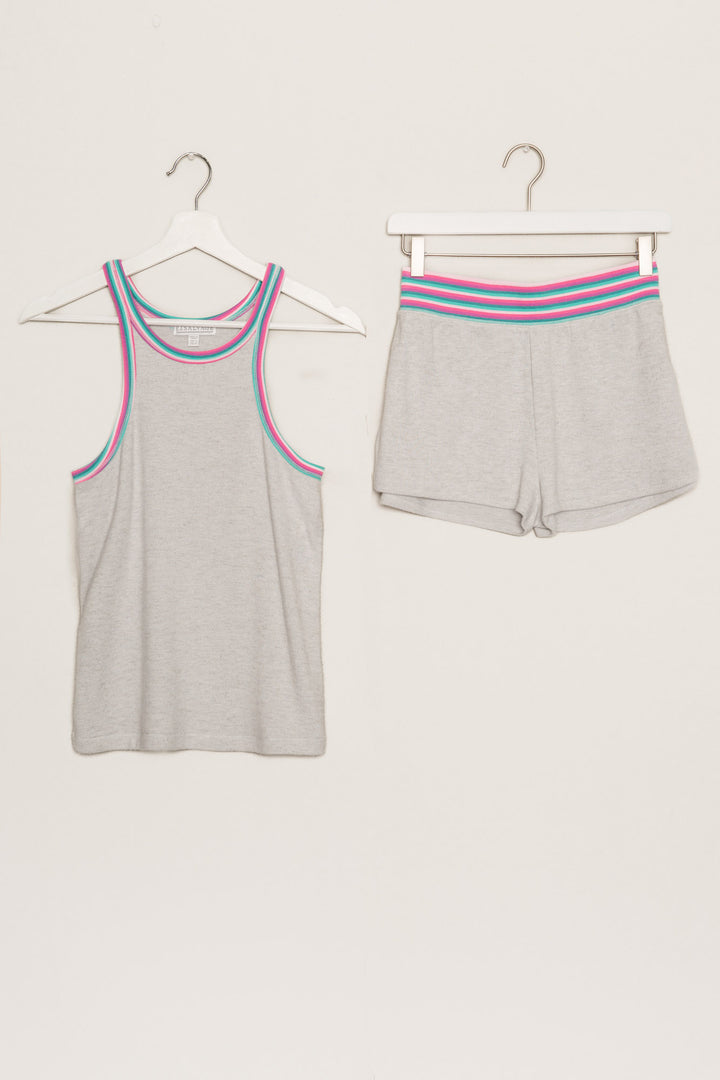 Sleep set tank top & short in grey peachy, with aqua-pink striped straps & waist. (7193973227620)