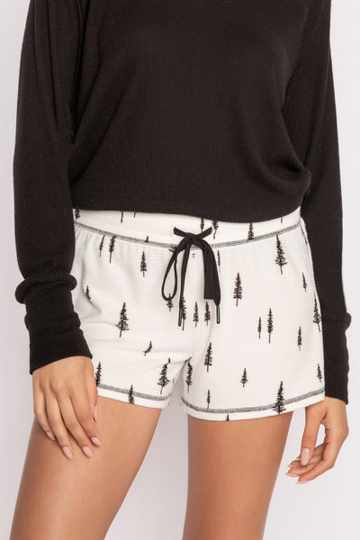 Velour thermal pajama short with mini tree print & tie waist. (7231877480548)