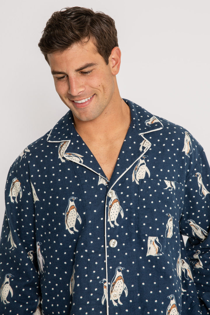 Men's navy cotton flannel pajama set button top & tie-pant with penguin print. (7231876923492)