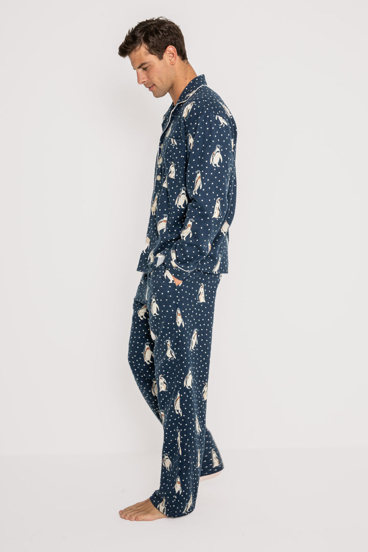 Men's navy cotton flannel pajama set button top & tie-pant with penguin print. (7231876923492)