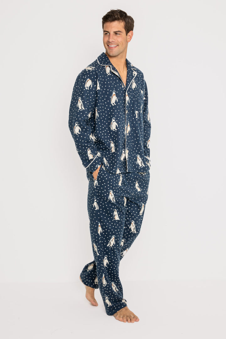 Men's navy cotton flannel pajama set button top & tie-pant with penguin print. (7231876923492)