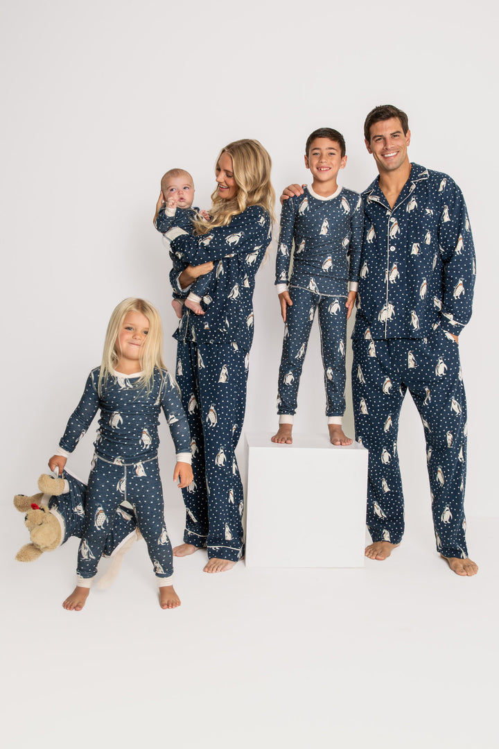 Men's navy cotton flannel pajama set button top & tie-pant with penguin print. (7231876923492)
