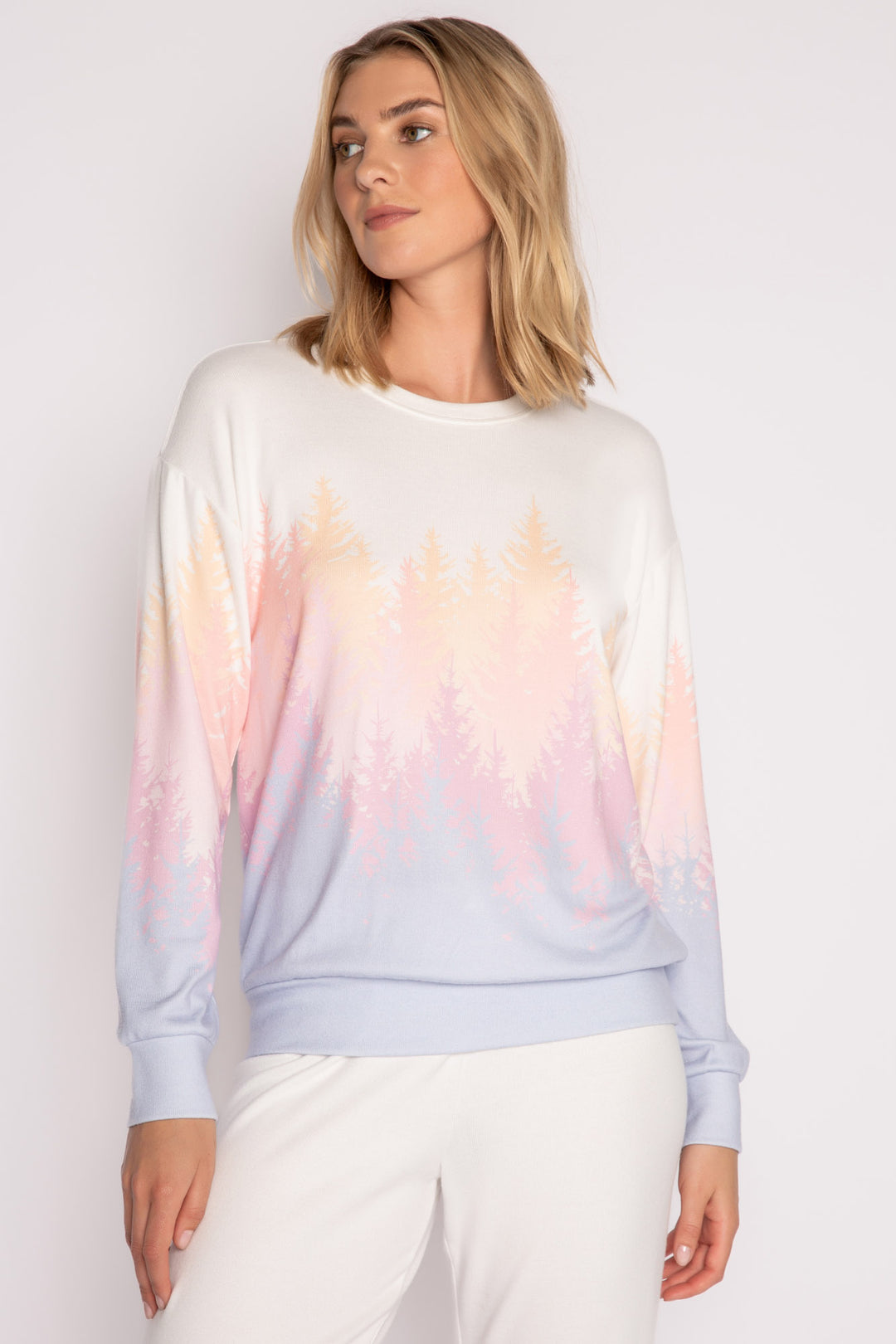Ivory lounge top with pastel alpine tree-printed graphic on lower body. (7231877972068)