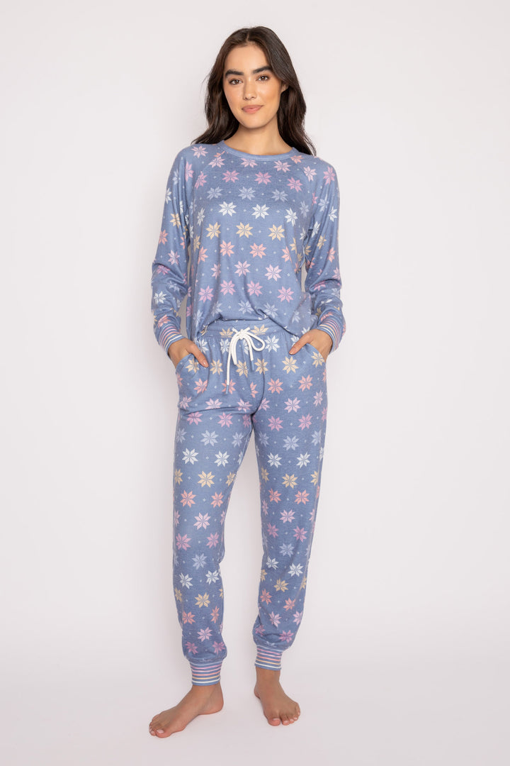 PJ jammie set in blue with pastel snowflake pattern. Top & pant with striped cuffs. (7231878824036)