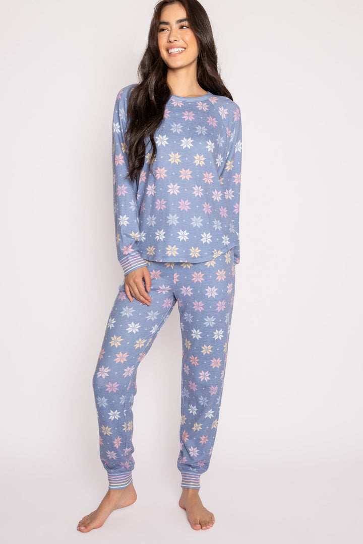 PJ jammie set in blue with pastel snowflake pattern. Top & pant with striped cuffs. (7231878824036)