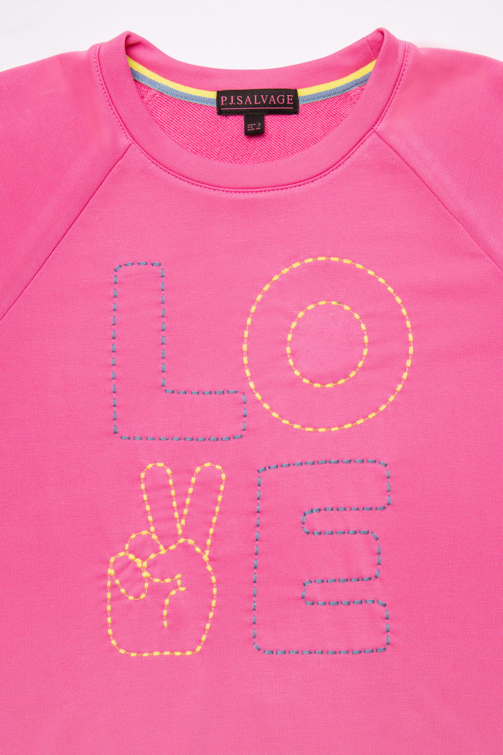 Hot pink pullover raglan top in modal French terry with colorful LOVE embroidery on front chest. (7231879676004)