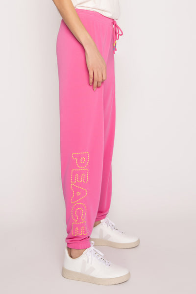 Hot pink jogger in modal French terry with neon color peace & symbol embroideries on hip/leg. (7231880003684)