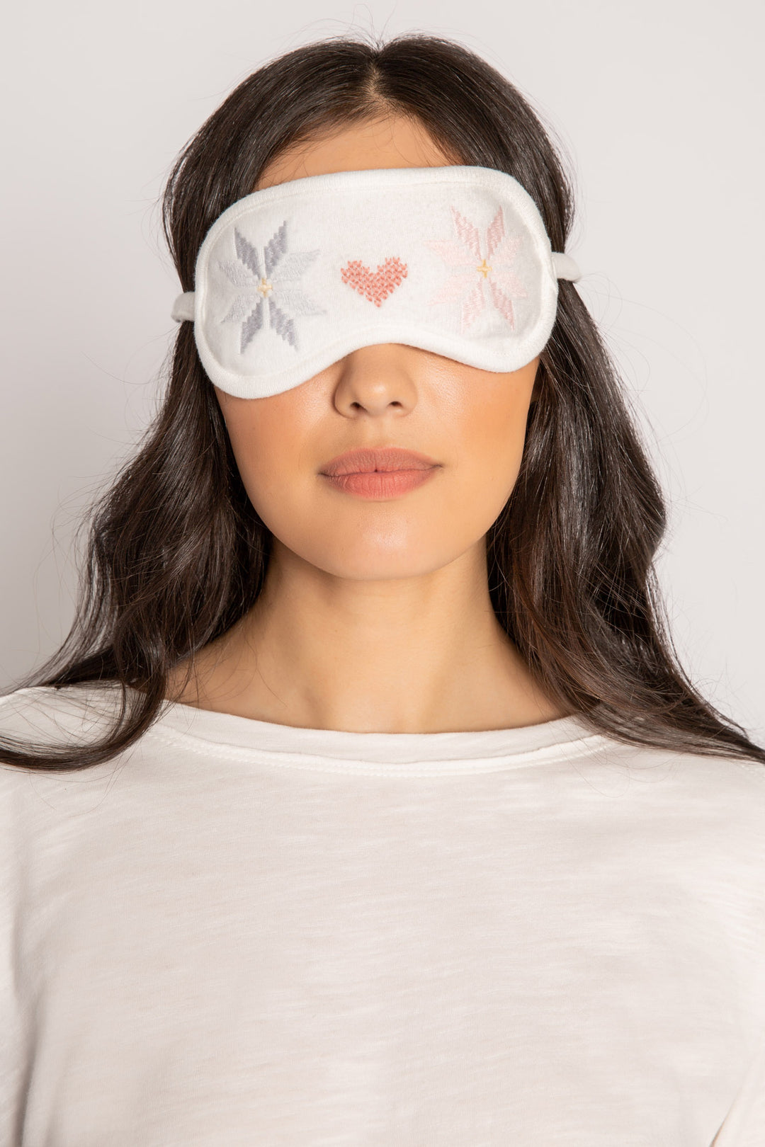 Sleep eye mask in ivory with embroidered snowflake & heart design. (7256838013028)