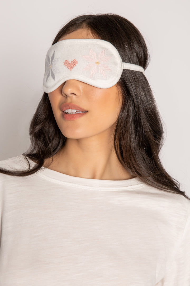 Sleep eye mask in ivory with embroidered snowflake & heart design. (7256838013028)