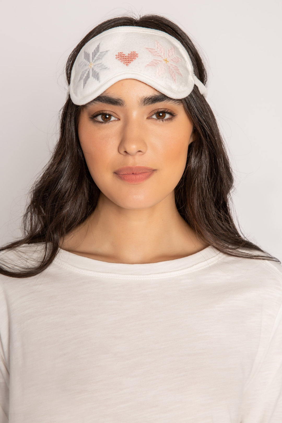 Sleep eye mask in ivory with embroidered snowflake & heart design. (7256838013028)