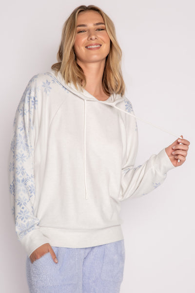 Pullover hoody in ivory with blue snowflake pattern on sleeves. Raglan sleeve fit. (7231880233060)