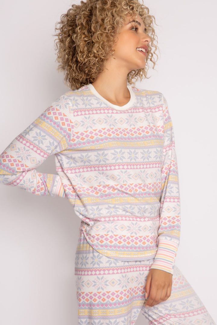 Velour pajama top in ivory with pastel fair isle winter pattern. Cuffs are striped & mini faux buttons. (7231880298596)