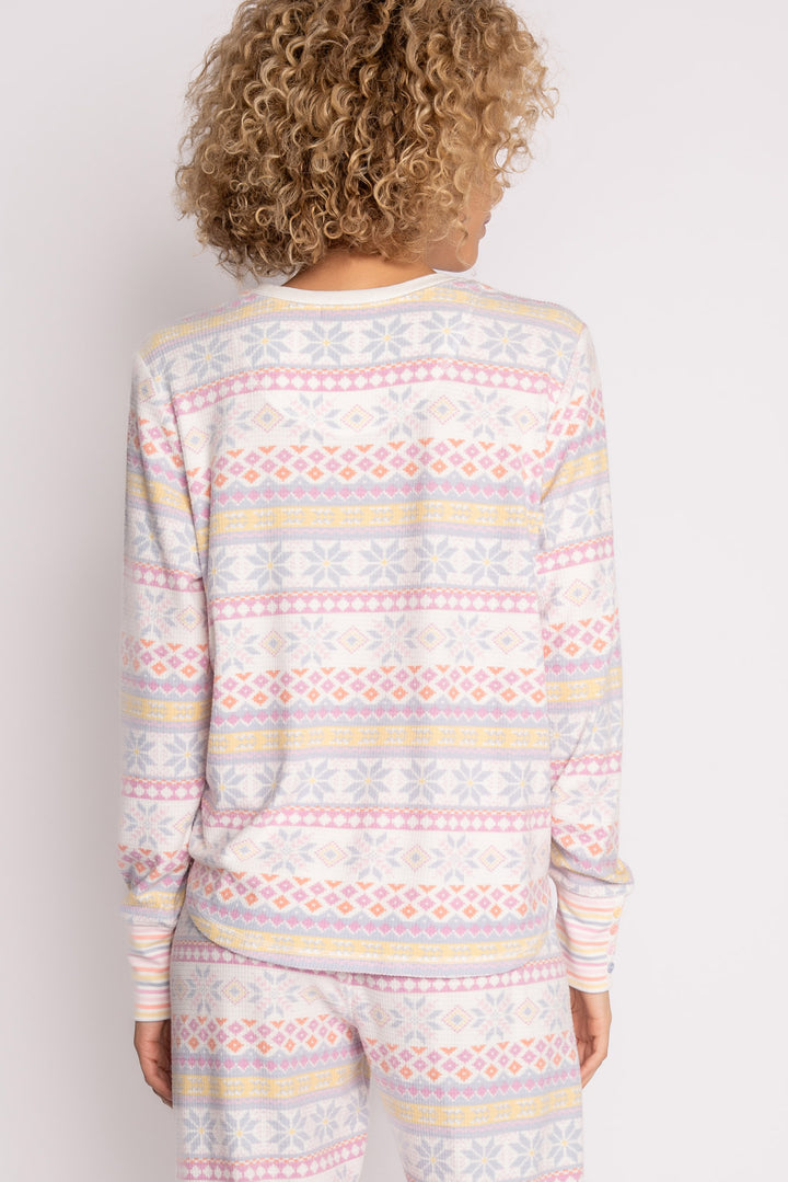 Velour pajama top in ivory with pastel fair isle winter pattern. Cuffs are striped & mini faux buttons. (7231880298596)