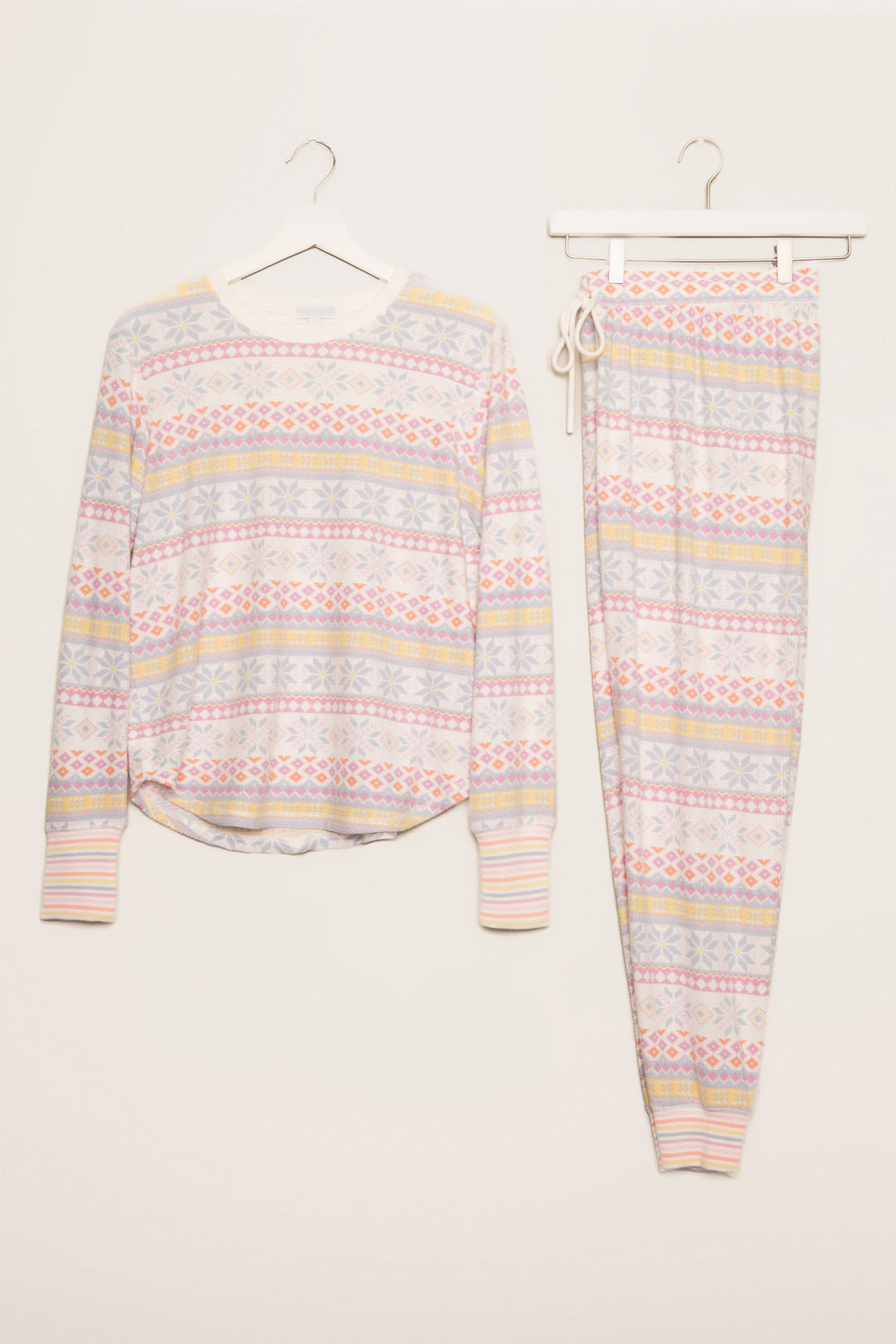 Velour pajama set in pastel fair isle winter pattern. Embroidered stitch neckline & colored buttons. (7231880822884)