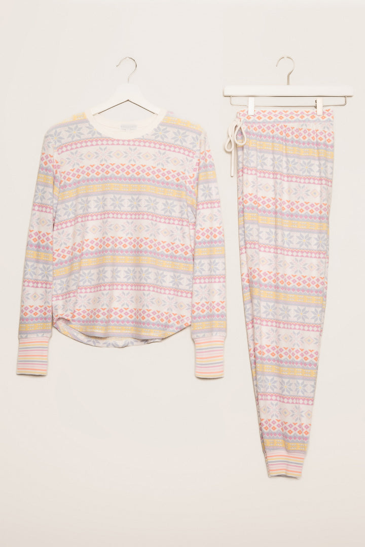 Velour pajama set in pastel fair isle winter pattern. Embroidered stitch neckline & colored buttons. (7231880822884)